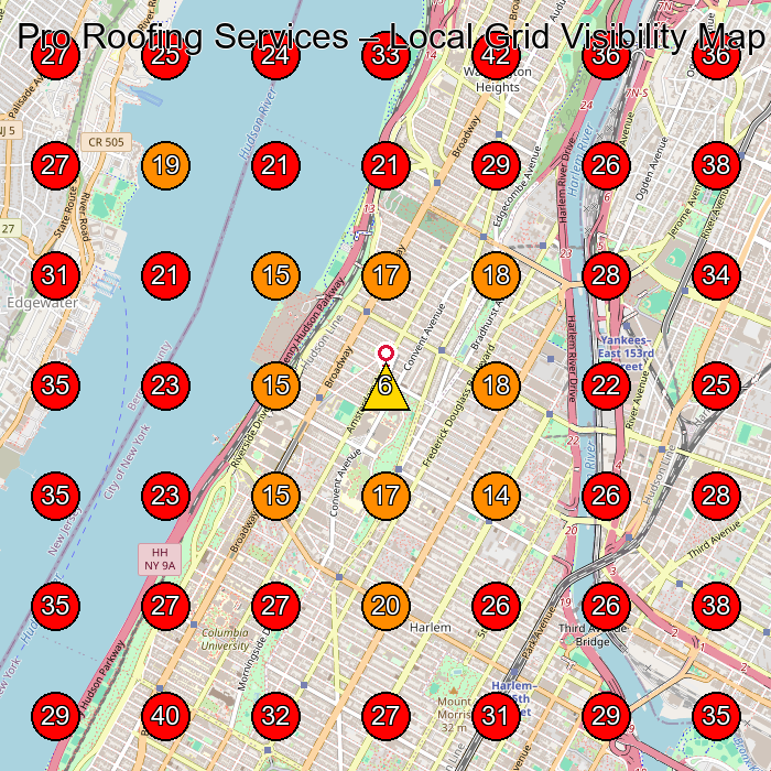 Pro Roofing Services GeoGrid visibility map for Roofing Contractor in New York